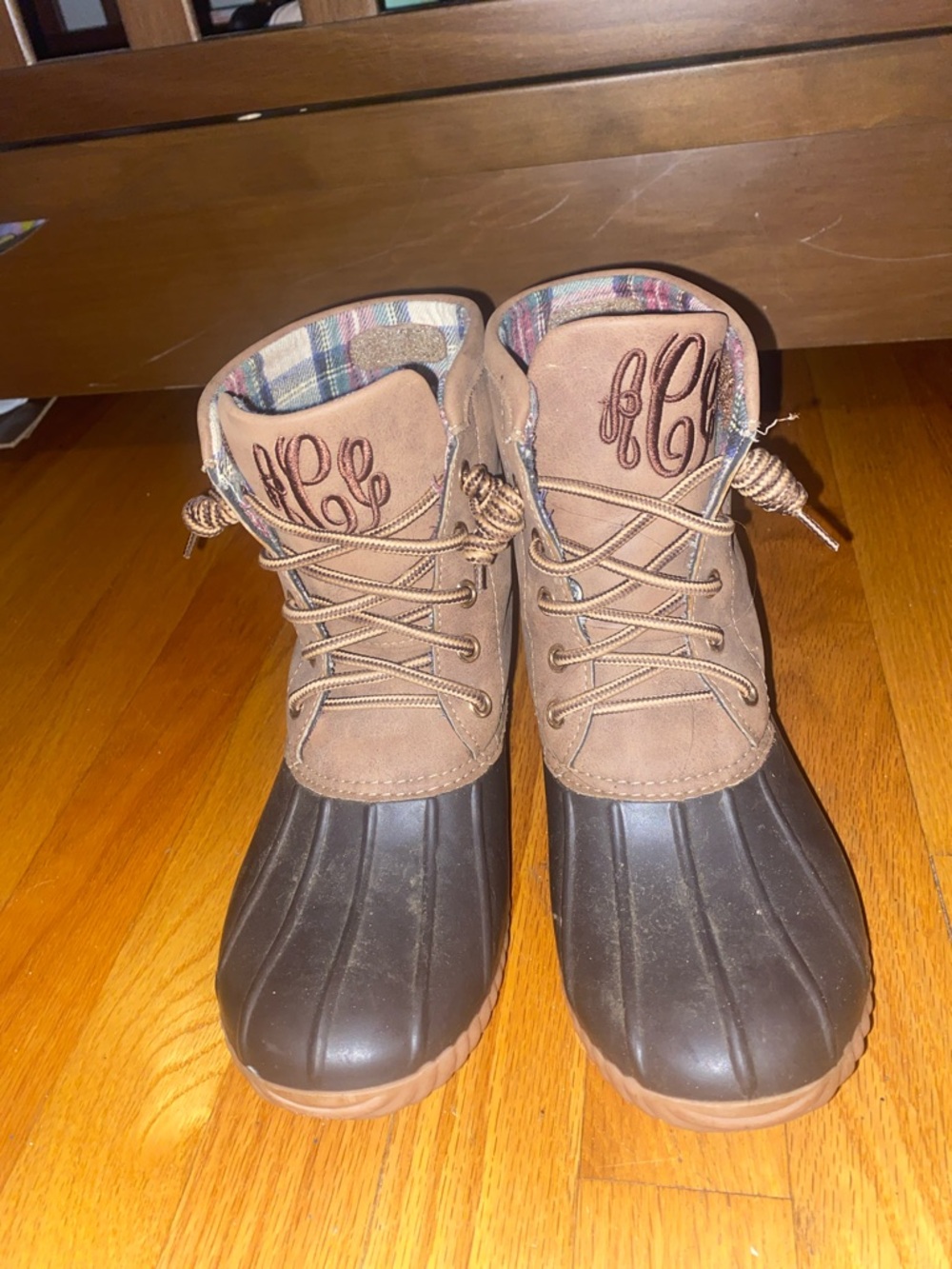Monogrammed Tan and Dark Brown Duck Boots